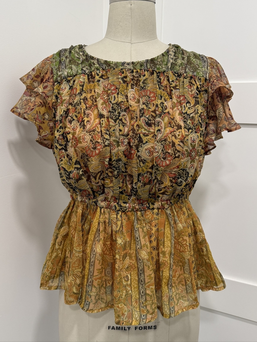 Chelsea & Theodore Yellow Multi Paisley Ruffle Peplum Boho Chic Blouse Size XS